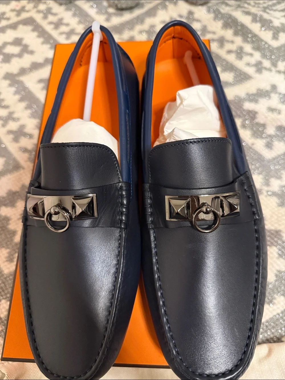 Hermes Mens irving calfskin mocassin marine ocean